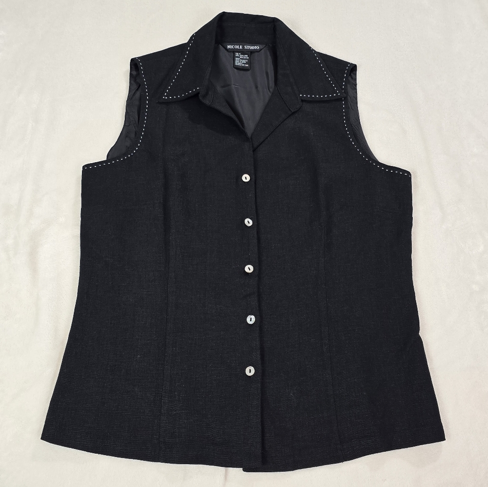 NICOLE STUDIO Vintage Button-up Collared Linen Blend Vest  Size 10